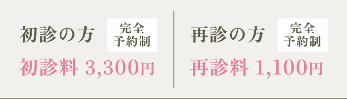 初診の方 完全予約制 初診料 3,300円 / 再診の方 完全予約制 再診料 1,100円